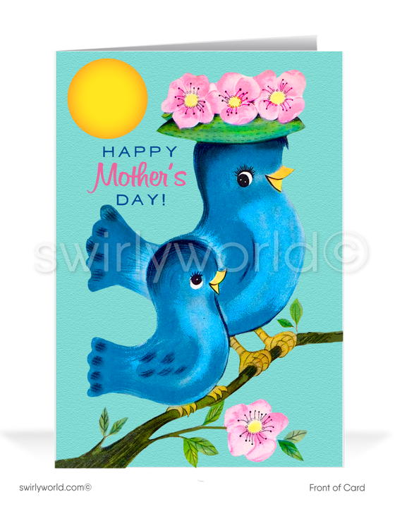 Adorned with a vintage 1940s-1950s kitschy illustration, the card depicts a delightful scene of a mother bird and her baby bird perched on a cherry blossom branch, with the mother bird complete with a hat decorated with pink springtime flowers.