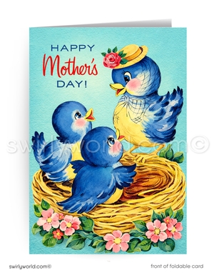 Mother's Day card with blue birds in a nest and flowers on a blue background