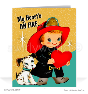 Charming 1940s-1950s Vintage-Inspired Valentine's Day Cards: Firefighter and Dalmation