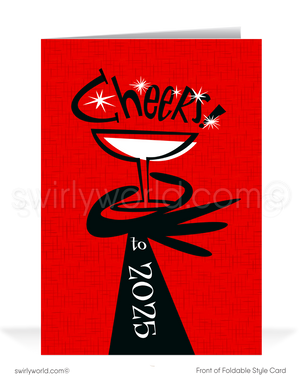 Toast the New Year with Retro MCM Cards! Featuring a martini glass, vintage hand illustration, "Cheers" text, and atomic starbursts on a bold red backdrop.