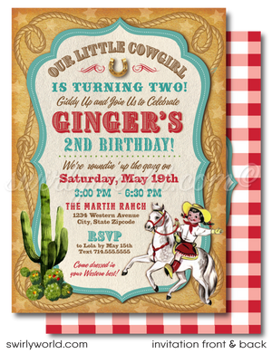 This invitation is your passport to a bygone era, where the wild west reigns supreme, and cowgirls are the heroines of the day. Featuring a radiant vintage cowgirl riding high on her noble white steed, set against the timeless charm of a classic red bandana checkered backdrop, this design is a true nod to the spirited adventures of the mid-century west.