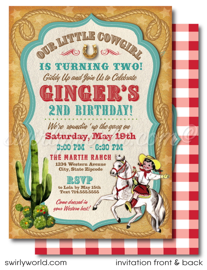 This invitation is your passport to a bygone era, where the wild west reigns supreme, and cowgirls are the heroines of the day. Featuring a radiant vintage cowgirl riding high on her noble white steed, set against the timeless charm of a classic red bandana checkered backdrop, this design is a true nod to the spirited adventures of the mid-century west.