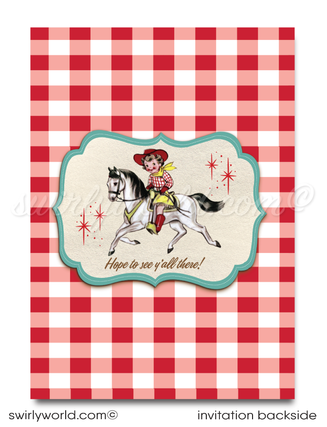 This invitation is your passport to a bygone era, where the wild west reigns supreme, and cowgirls are the heroines of the day. Featuring a radiant vintage cowgirl riding high on her noble white steed, set against the timeless charm of a classic red bandana checkered backdrop, this design is a true nod to the spirited adventures of the mid-century west.
