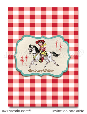 Vintage Mid-Century 1950s Western Cowgirl Birthday Party Invitations Digital Download