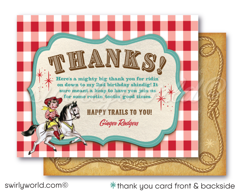 Vintage Mid-Century 1950s Western Cowgirl Birthday Party Invitations Digital Download
