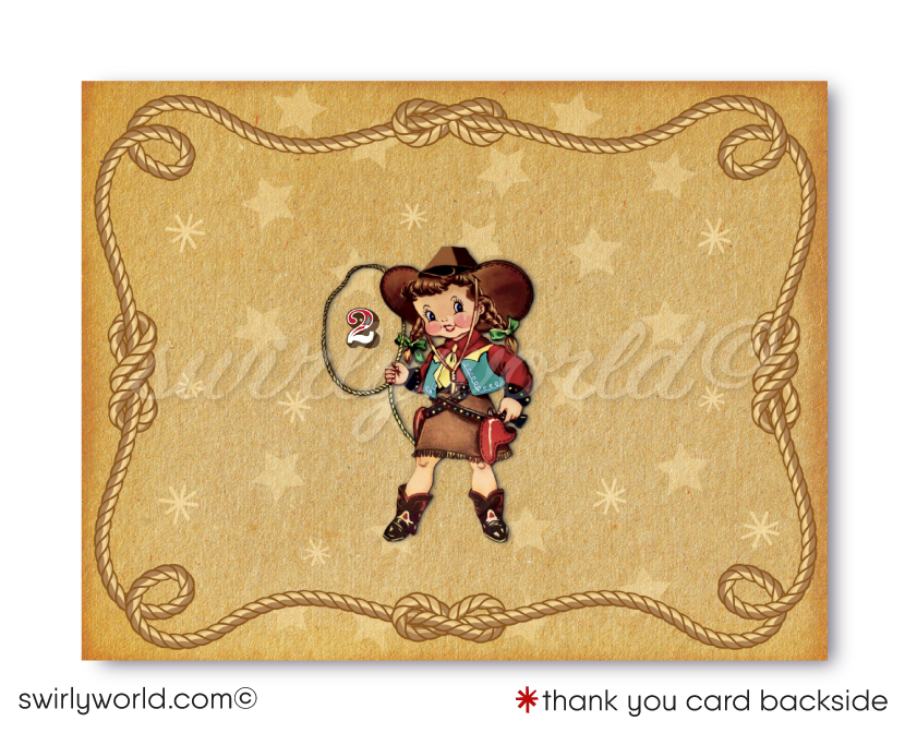 Vintage Mid-Century 1950s Western Cowgirl Birthday Party Invitations Digital Download