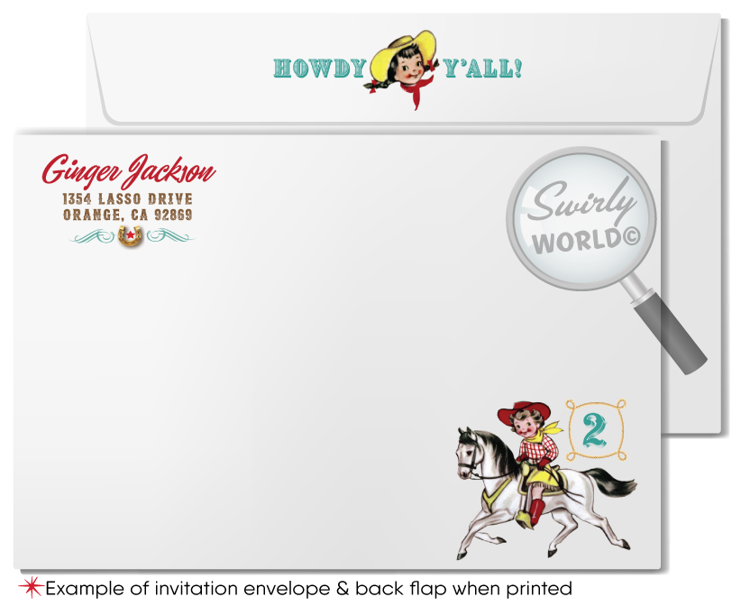 Vintage Mid-Century 1950s Western Cowgirl Birthday Party Invitations Digital Download