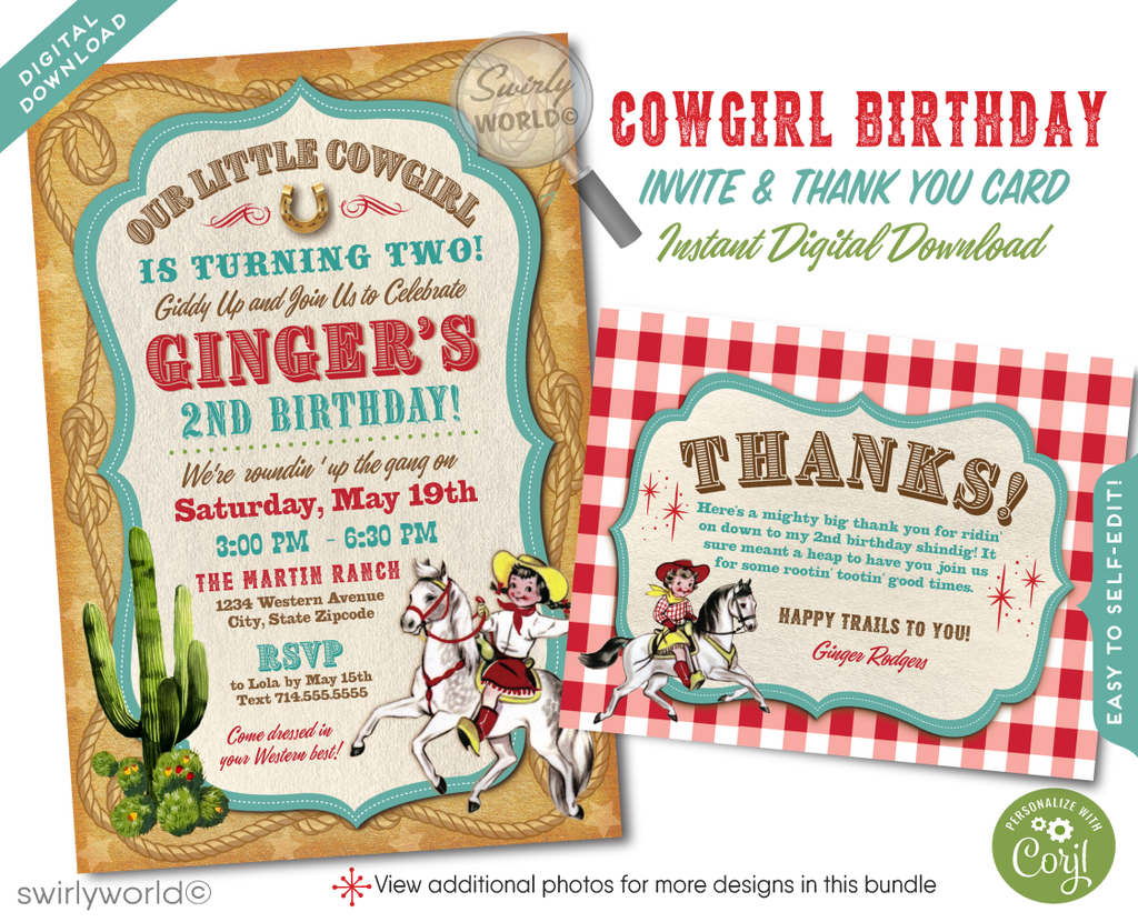 This invitation is your passport to a bygone era, where the wild west reigns supreme, and cowgirls are the heroines of the day. Featuring a radiant vintage cowgirl riding high on her noble white steed, set against the timeless charm of a classic red bandana checkered backdrop, this design is a true nod to the spirited adventures of the mid-century west.