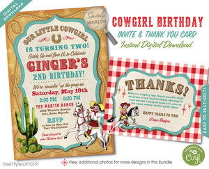 This invitation is your passport to a bygone era, where the wild west reigns supreme, and cowgirls are the heroines of the day. Featuring a radiant vintage cowgirl riding high on her noble white steed, set against the timeless charm of a classic red bandana checkered backdrop, this design is a true nod to the spirited adventures of the mid-century west.