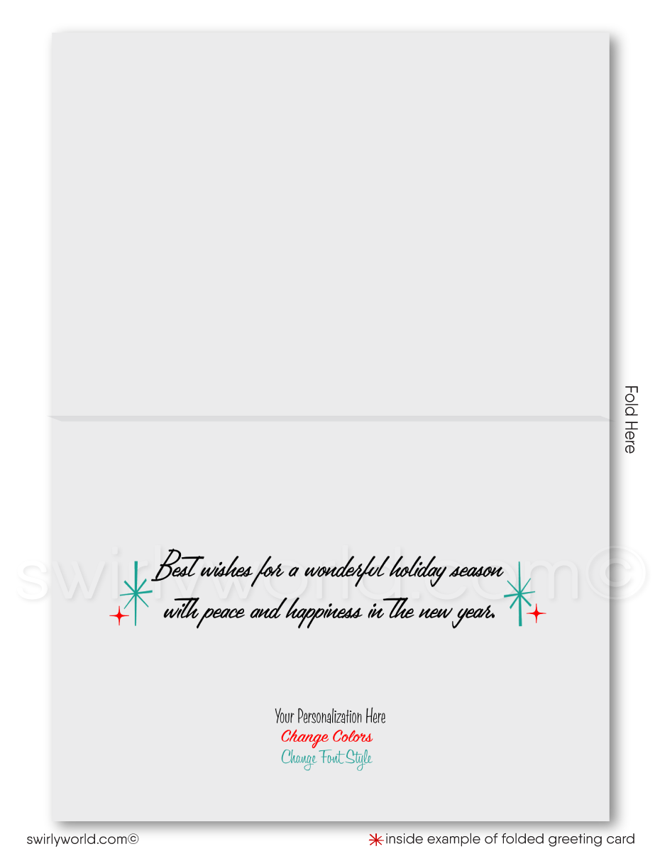 Swirly World Christmas Cards - Elevate your holiday greetings with our retro Mid-Century Modern Christmas card featuring a snowy Eichler home and Santa in flight under a starlit sky. Customizable wording and logo options make these premium cards an unforgettable way to celebrate the season with clients.