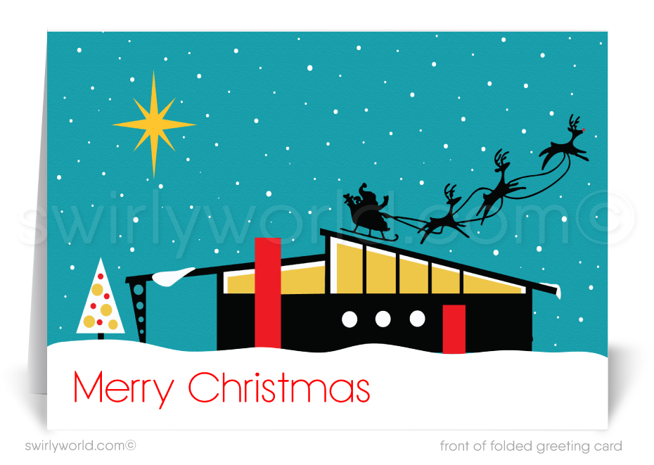 Swirly World Christmas Cards - Elevate your holiday greetings with our retro Mid-Century Modern Christmas card featuring a snowy Eichler home and Santa in flight under a starlit sky. Customizable wording and logo options make these premium cards an unforgettable way to celebrate the season with clients.