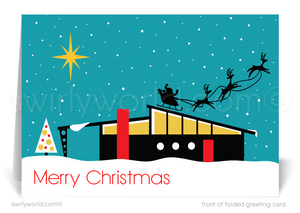 Swirly World Christmas Cards - Elevate your holiday greetings with our retro Mid-Century Modern Christmas card featuring a snowy Eichler home and Santa in flight under a starlit sky. Customizable wording and logo options make these premium cards an unforgettable way to celebrate the season with clients.