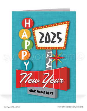 Retro Mid-Century Modern Happy New Year Card with 1950s Neon Diner Sign Design and Vintage Typography