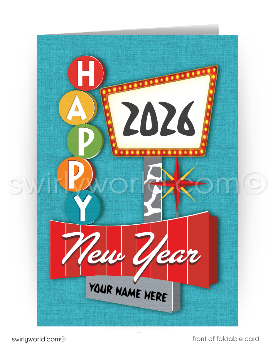 New Year's card with colorful text and retro design on a blue background