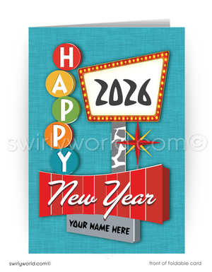 New Year's card with colorful text and retro design on a blue background