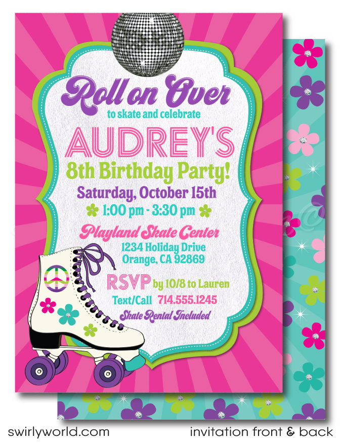 Plan a fun disco roller-skating birthday party with this stylish Retro 70's Flower Child Pink Rainbow Digital Download. Features include a unique roller-rink invitation, a thank-you card design, and envelopes - all with a retro rainbow flower and pink theme. 