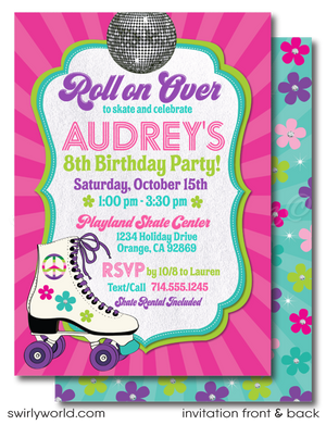 Plan a fun disco roller-skating birthday party with this stylish Retro 70's Flower Child Pink Rainbow Digital Download. Features include a unique roller-rink invitation, a thank-you card design, and envelopes - all with a retro rainbow flower and pink theme. 