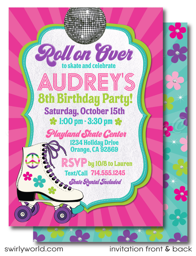 Plan a fun disco roller-skating birthday party with this stylish Retro 70s Flower Child Pink Rainbow Digital Download. Features include a unique roller-rink invitation, a thank-you card design, and envelopes - all with a retro rainbow flower and pink theme. 