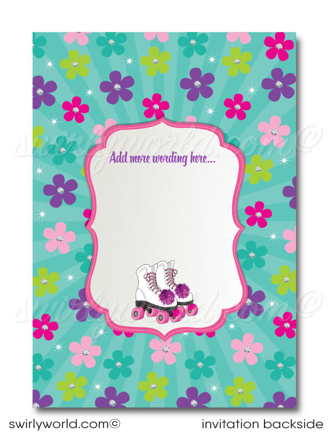 Plan a fun disco roller-skating birthday party with this stylish Retro 70's Flower Child Pink Rainbow Digital Download. Features include a unique roller-rink invitation, a thank-you card design, and envelopes - all with a retro rainbow flower and pink theme. 