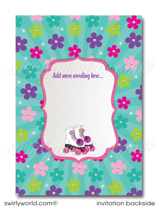 Plan a fun disco roller-skating birthday party with this stylish Retro 70s Flower Child Pink Rainbow Digital Download. Features include a unique roller-rink invitation, a thank-you card design, and envelopes - all with a retro rainbow flower and pink theme. 