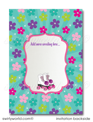 Plan a fun disco roller-skating birthday party with this stylish Retro 70s Flower Child Pink Rainbow Digital Download. Features include a unique roller-rink invitation, a thank-you card design, and envelopes - all with a retro rainbow flower and pink theme. 