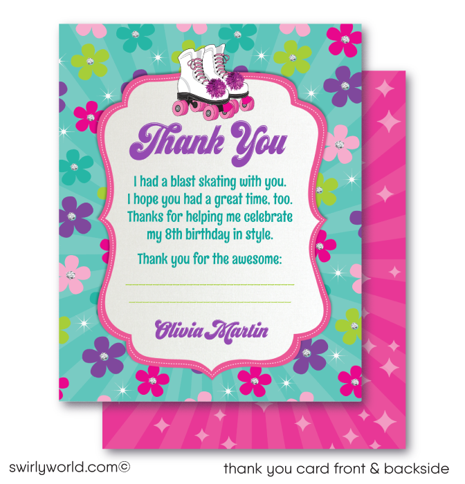 Plan a fun disco roller-skating birthday party with this stylish Retro 70's Flower Child Pink Rainbow Digital Download. Features include a unique roller-rink invitation, a thank-you card design, and envelopes - all with a retro rainbow flower and pink theme. 