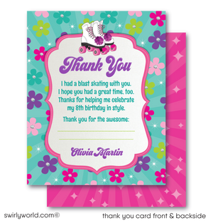 Plan a fun disco roller-skating birthday party with this stylish Retro 70's Flower Child Pink Rainbow Digital Download. Features include a unique roller-rink invitation, a thank-you card design, and envelopes - all with a retro rainbow flower and pink theme. 