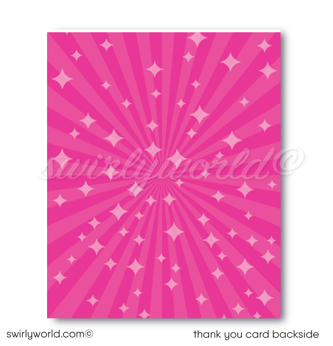 Plan a fun disco roller-skating birthday party with this stylish Retro 70's Flower Child Pink Rainbow Digital Download. Features include a unique roller-rink invitation, a thank-you card design, and envelopes - all with a retro rainbow flower and pink theme. 