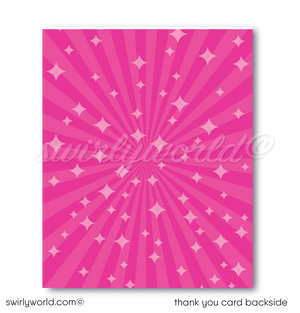 Plan a fun disco roller-skating birthday party with this stylish Retro 70's Flower Child Pink Rainbow Digital Download. Features include a unique roller-rink invitation, a thank-you card design, and envelopes - all with a retro rainbow flower and pink theme. 