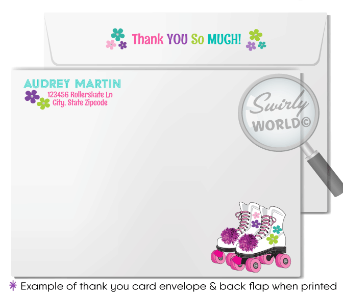 Retro 1970's Flower Child Pink Rainbow Roller Rink Birthday Printed Invitation Set