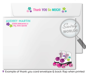 Plan a fun disco roller-skating birthday party with this stylish Retro 70's Flower Child Pink Rainbow Digital Download. Features include a unique roller-rink invitation, a thank-you card design, and envelopes - all with a retro rainbow flower and pink theme. 