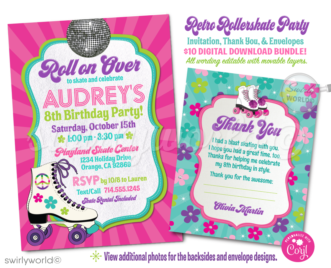 Lace up your skates and get ready to groove at the roller rink with our Retro 70's Flower Child Pink Rainbow Digital Download Invitation Set. This dazzling invitation suite is your all-access pass to a disco roller-skating birthday party that's bursting with style and nostalgia.