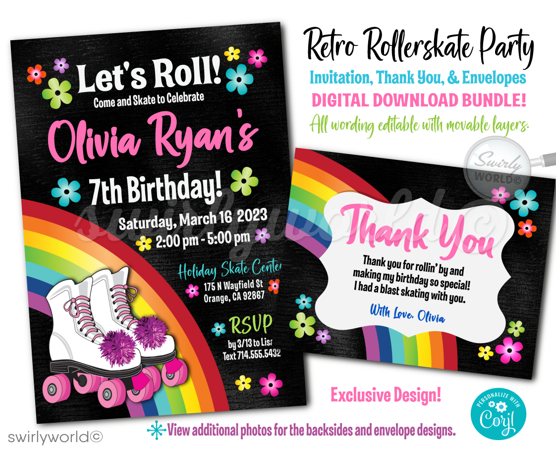Glide back in time to the groovy era with our Retro Flower Power 60s-70s Style Roller Rink Birthday Digital Invite. This stylish invitation set is the perfect way to kickstart a roller-skating birthday party that's filled with fun, flair, and a splash of nostalgia. Featuring a vibrant roller-rink invitation.
