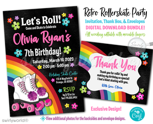 Glide back in time to the groovy era with our Retro Flower Power 60s-70s Style Roller Rink Birthday Digital Invite. This stylish invitation set is the perfect way to kickstart a roller-skating birthday party that's filled with fun, flair, and a splash of nostalgia. Featuring a vibrant roller-rink invitation.