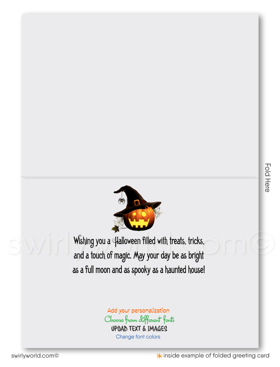 Send Halloween magic with Swirly World's New Orleans Haunted Mansion Digital Greeting Card. Featuring a haunted mansion, spooky trees, and a bat against a midnight sky, this digital card is perfect for captivating clients and friends. Customize and send with ease—printed versions also available!