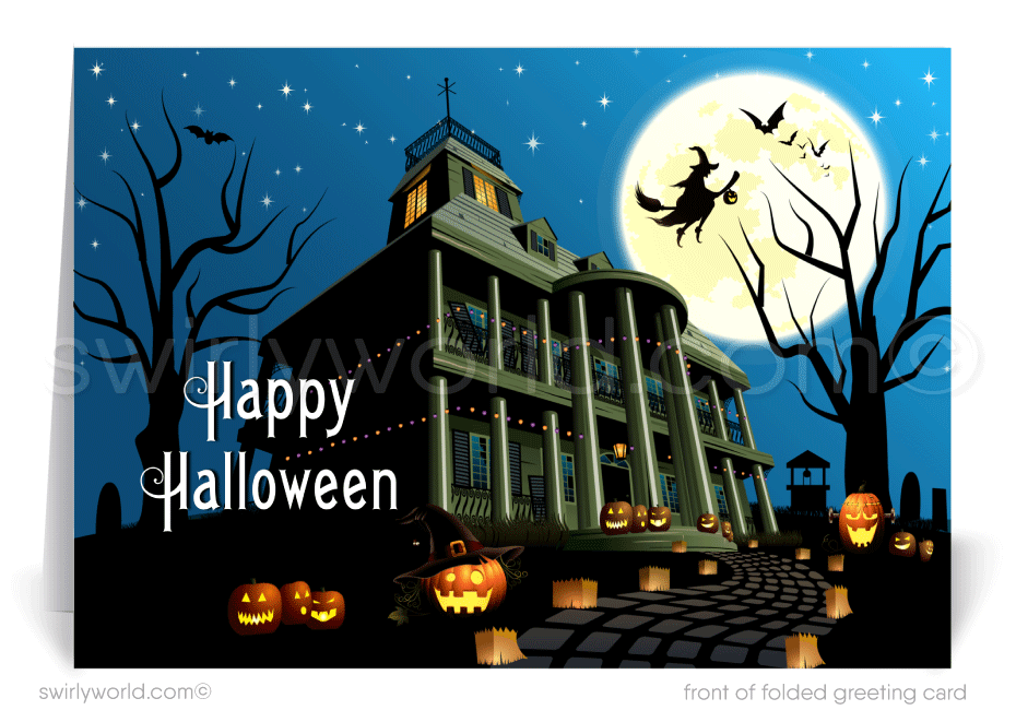 Send Halloween magic with Swirly World's New Orleans Haunted Mansion Digital Greeting Card. Featuring a haunted mansion, spooky trees, and a bat against a midnight sky, this digital card is perfect for captivating clients and friends. Customize and send with ease—printed versions also available!