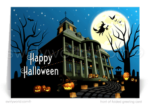 Send Halloween magic with Swirly World's New Orleans Haunted Mansion Digital Greeting Card. Featuring a haunted mansion, spooky trees, and a bat against a midnight sky, this digital card is perfect for captivating clients and friends. Customize and send with ease—printed versions also available!