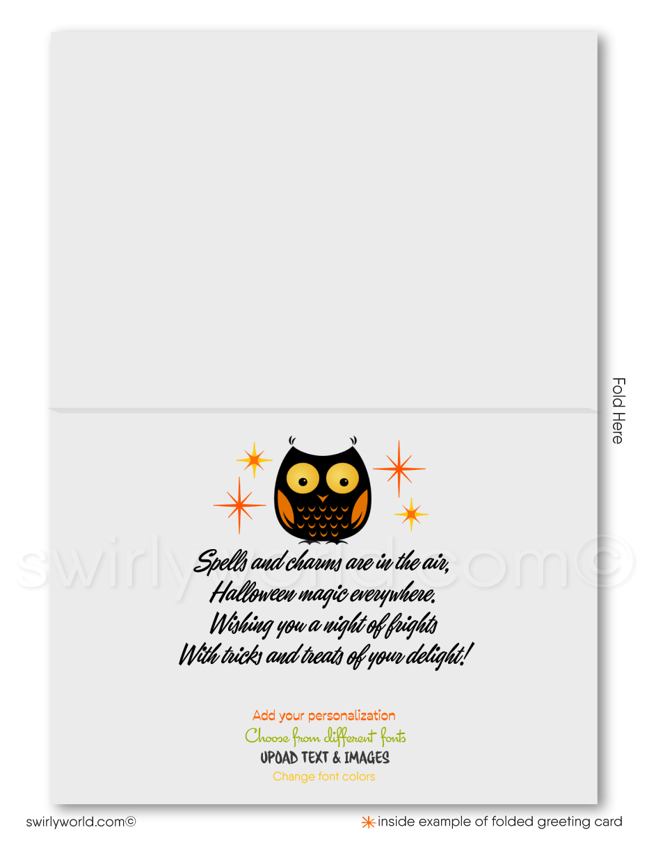 Enchant clients with Swirly World's Retro Atomic Owls Halloween Greeting Card. Featuring mid-century modern owls perched on a haunting tree against an orange sky with starbursts and a bright yellow moon, this card is perfect for sending festive Halloween wishes. Customizable envelopes available!