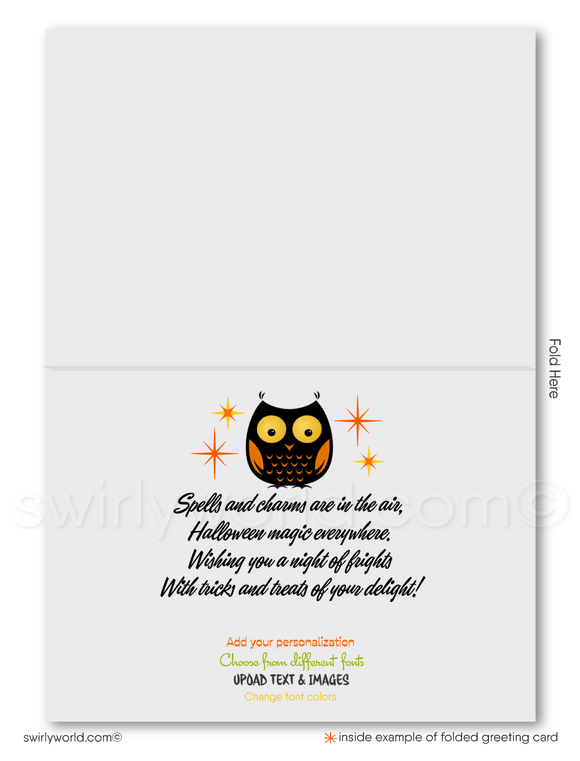 Retro Atomic MCM Mod Owl Happy Halloween Printed Greeting Cards for Business Clients