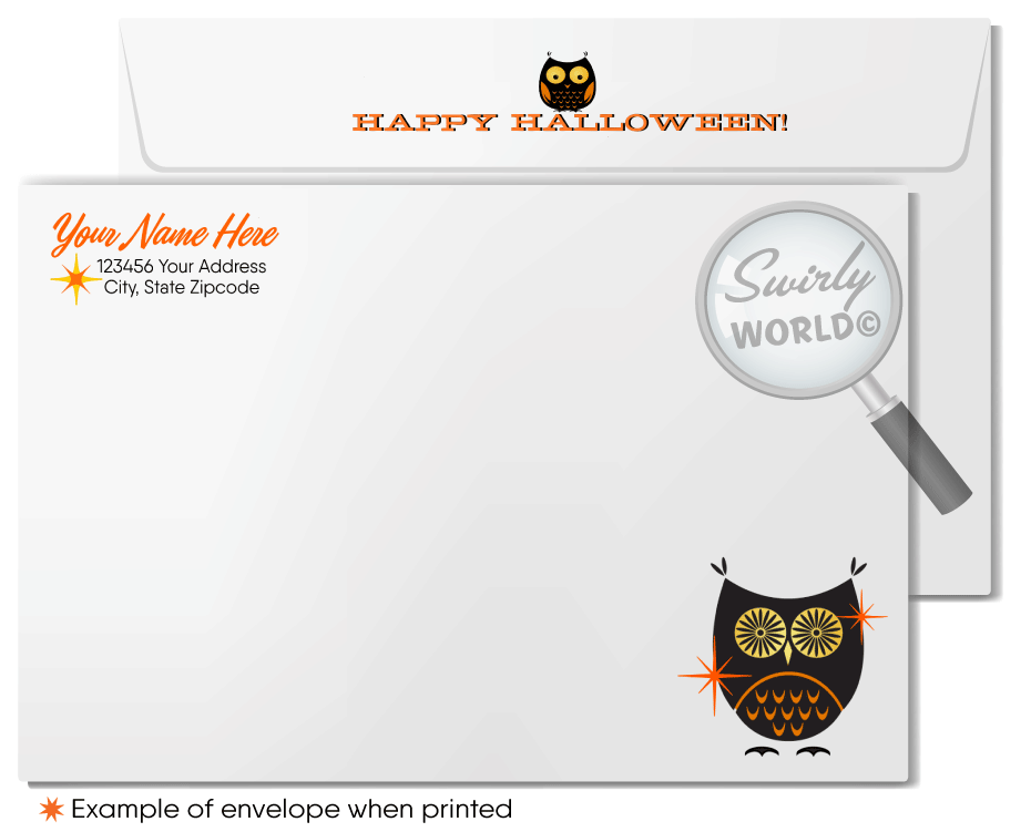 Enchant clients with Swirly World's Retro Atomic Owls Halloween Greeting Card. Featuring mid-century modern owls perched on a haunting tree against an orange sky with starbursts and a bright yellow moon, this card is perfect for sending festive Halloween wishes. Customizable envelopes available!