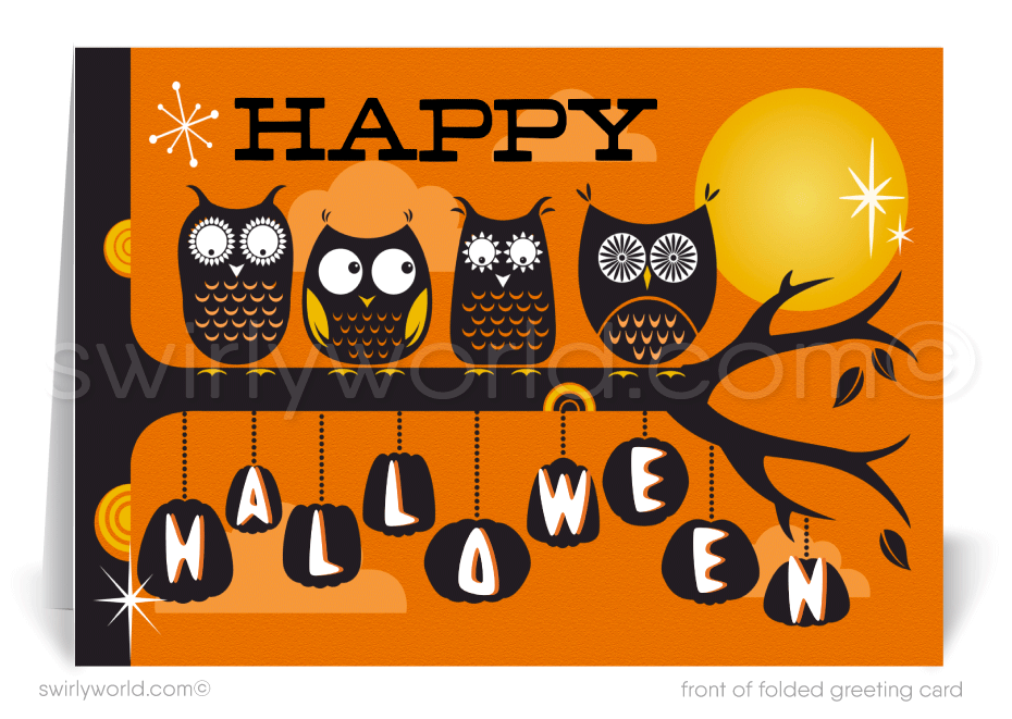 Retro Atomic MCM Mod Owl Happy Halloween Printed Greeting Cards for Business Clients