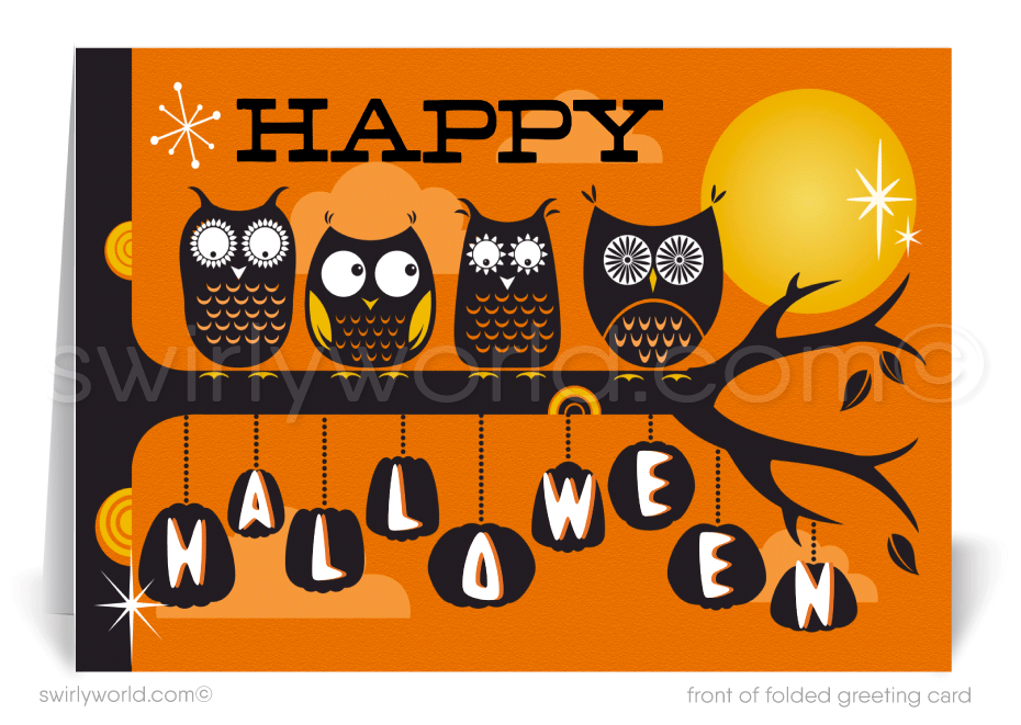 Enchant clients with Swirly World's Retro Atomic Owls Halloween Greeting Card. Featuring mid-century modern owls perched on a haunting tree against an orange sky with starbursts and a bright yellow moon, this card is perfect for sending festive Halloween wishes. Customizable envelopes available!
