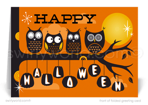 Enchant clients with Swirly World's Retro Atomic Owls Halloween Greeting Card. Featuring mid-century modern owls perched on a haunting tree against an orange sky with starbursts and a bright yellow moon, this card is perfect for sending festive Halloween wishes. Customizable envelopes available!