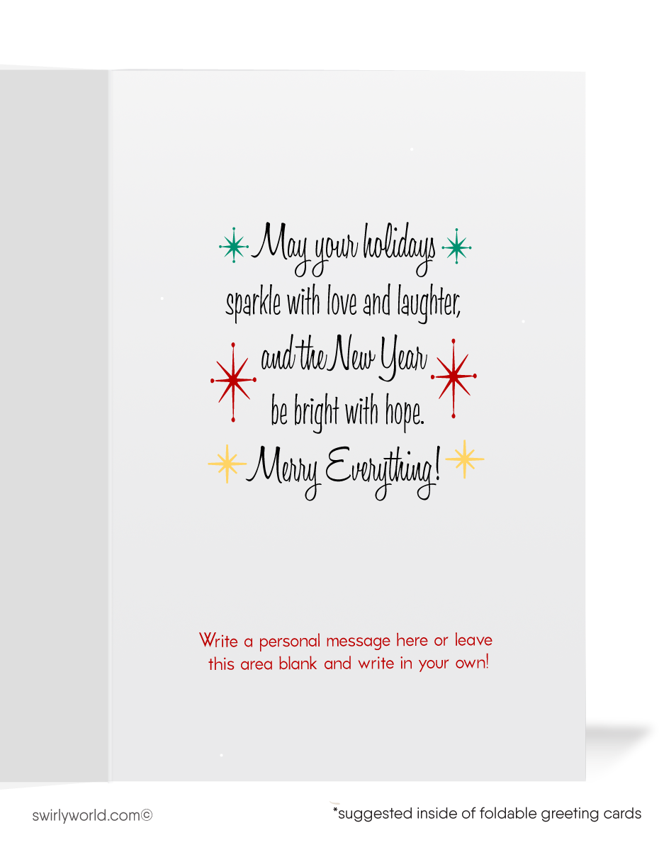Vintage Christmas cards with a joyful angel, "NOEL" in festive script, and retro starbursts on a golden backdrop. Personalize with a message for a warm holiday touch.