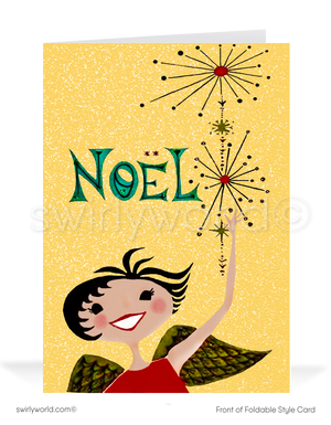 Vintage Christmas cards with a joyful angel, "NOEL" in festive script, and retro starbursts on a golden backdrop. Personalize with a message for a warm holiday touch.