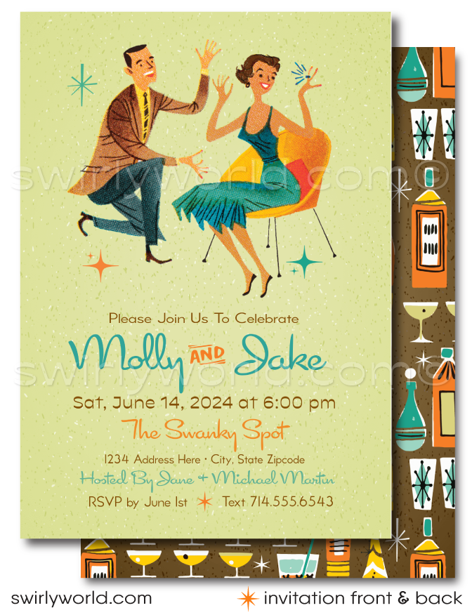 Atomic Retro Mid-Century Modern Engagement Party Invitations with Starbursts!