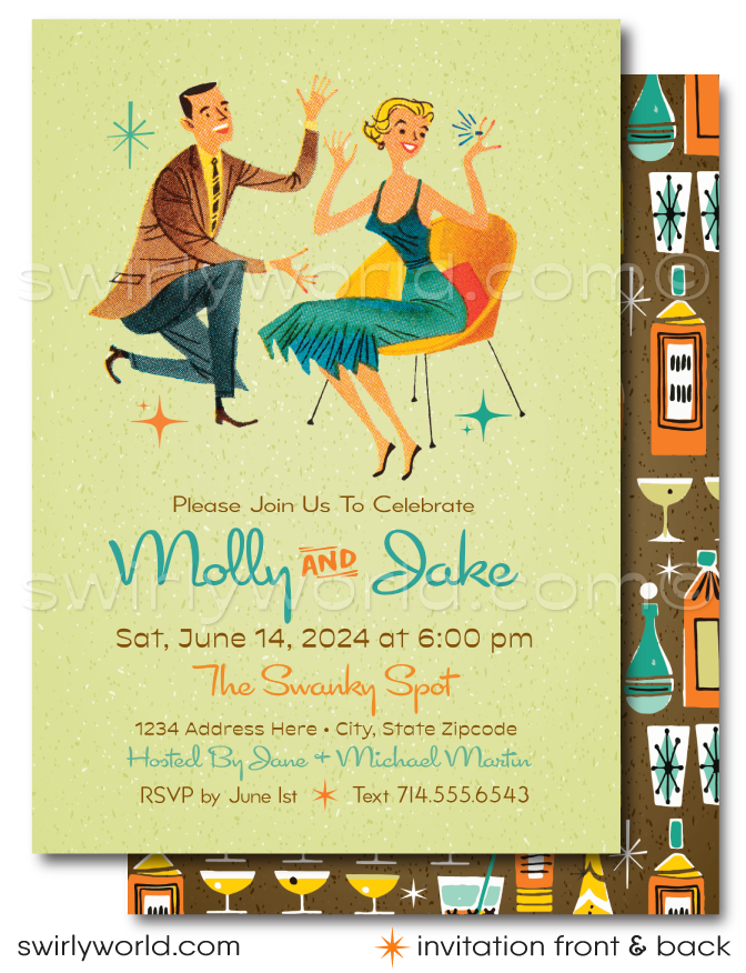 Atomic Retro Mid-Century Modern Engagement Party Invitations with Starbursts!