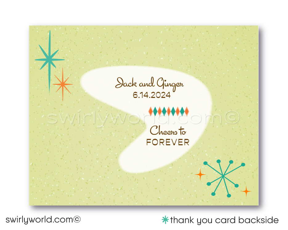 Atomic Retro Mid-Century Modern Engagement Party Invitations with Starbursts!