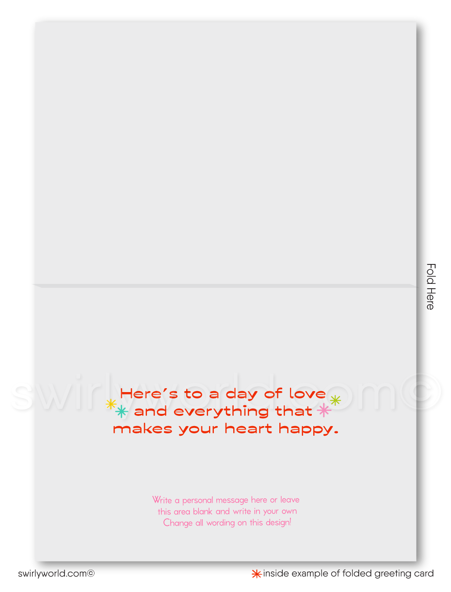 Celebrate Valentine’s Day with retro 1960s-inspired cards! Featuring playful hearts, starbursts, and a classic mid-century modern color palette.