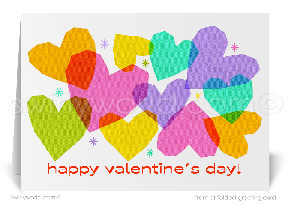 Celebrate Valentine’s Day with retro 1960s-inspired cards! Featuring playful hearts, starbursts, and a classic mid-century modern color palette.